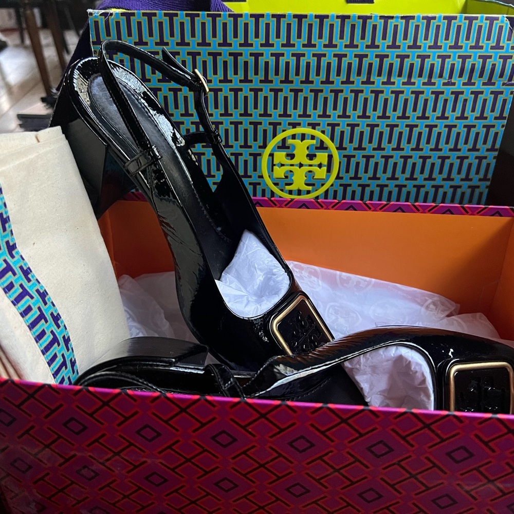 Tory Burch Black Patent Heels with Gold Accents